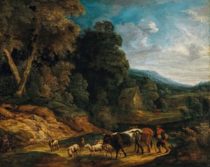 A southern landscape with herdsmen and their flock by Adriaen Frans Boudewijns Oil Painting