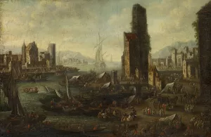 Seaport Oil painting by Adriaen Frans Boudewijns