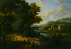 A River Landscape with Peasants in the Foreground a Herdsman Driving His Livestock Down a Path with a Castle in the Distance
