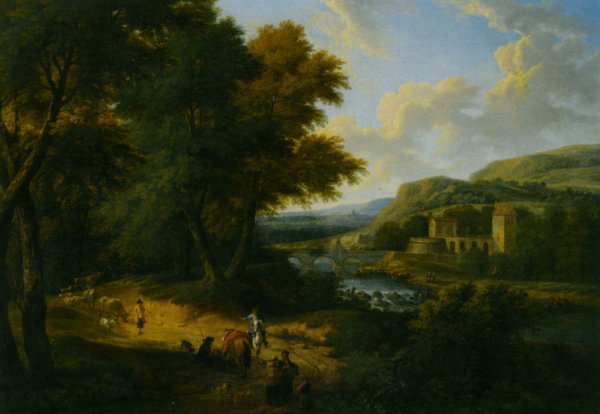 A River Landscape with Peasants in the Foreground a Herdsman Driving His Livestock Down a Path with a Castle in the Distance by Adriaen Fransz Boudewijns - Hand-Painted Oil Painting Reproduction
