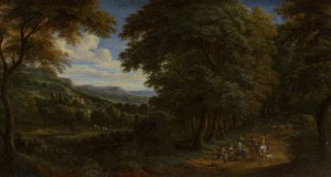 A Wooded Landscape with Horsemen Greeting Travelers