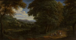 A Wooded Landscape with Horsemen Greeting Travelers by Adriaen Fransz Boudewijns Oil Painting