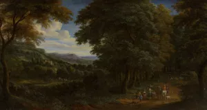 A Wooded Landscape with Horsemen Greeting Travelers