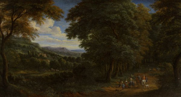 A Wooded Landscape with Horsemen Greeting Travelers by Adriaen Fransz Boudewijns - Hand-Painted Oil Painting Reproduction