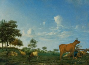 A cow, sheep and goats in a meadow with a shepherd asleep by Adriaen Van De Velde Oil Painting