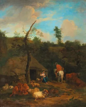 A herdsman and a shepherdess in front of a wooden farmhouse by Adriaen Van De Velde Oil Painting