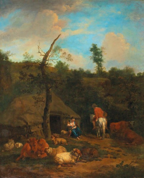 Main Product Photo of A herdsman and a shepherdess in front of a wooden farmhouse Painting by Adriaen Van De Velde