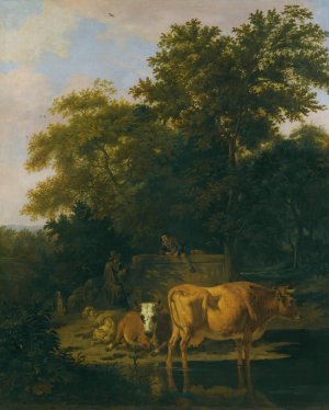 A wooded landscape at dusk, with two herdsmen a dog, sheep and cattle by Adriaen Van De Velde Oil Painting