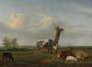 Cattle and Goats by a Pollard Tree in a Meadow Shepherd Boys Approaching Be