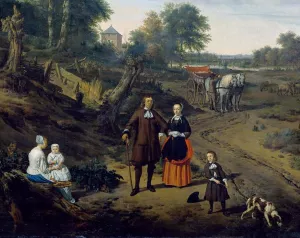 Family Portrait in a Landscape Detail by Adriaen Van De Velde - Oil Painting Reproduction