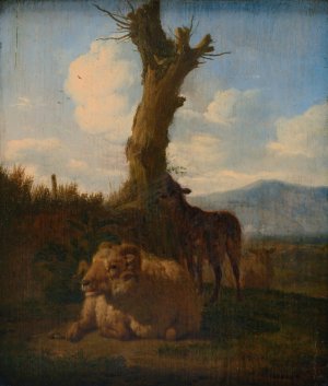 Italianate landscape with a ram, other sheep and a dead tree by Adriaen Van De Velde Oil Painting