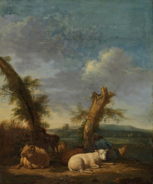 Main Product Photo of Landscape with Sheep and a Sleeping Shepherd  Painting by Adriaen Van De Velde
