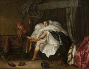Woman and a jester by Adriaen Van De Venne Oil Painting