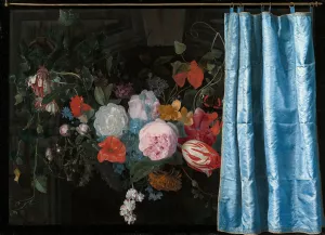 Trompe-l'Oeil Still Life with a Flower Garland and a Curtain by Adriaen Van Der Spelt Oil Painting
