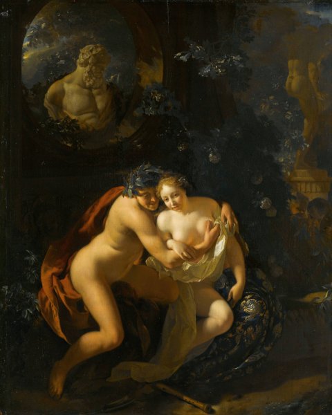 Main Product Photo of A Couple Making Love in a Park Spied on by Children  Painting by Adriaen Van Der Werff