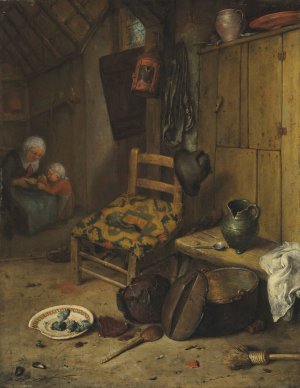 A kitchen interior with a mother and child by Adriaen Van Ostade Oil Painting