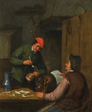 Two peasants smoking, drinking and reading at an inn by Adriaen Van Ostade Oil Painting