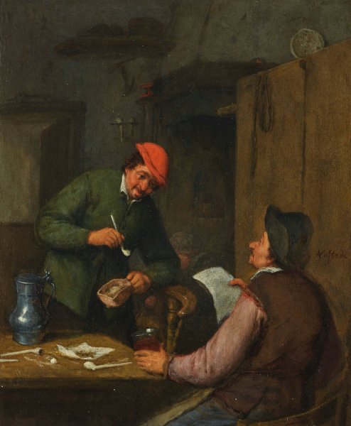 Two peasants smoking, drinking and reading at an inn by Adriaen Van Ostade - Hand-Painted Oil Painting Reproduction