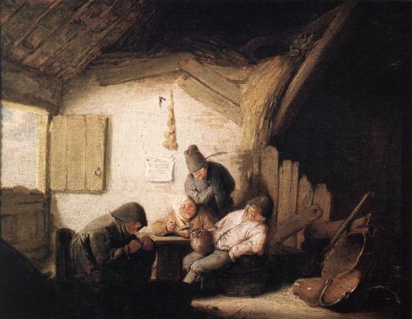 Village Tavern with Four Figures by Adriaen Van Ostade - Hand-Painted Oil Painting Reproduction