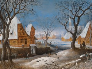 A winter landscape, with figures in a village by Adriaen Van Stalbemt Oil Painting