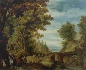 A wooded landscape with travelers crossing a bridge by Adriaen Van Stalbemt Oil Painting
