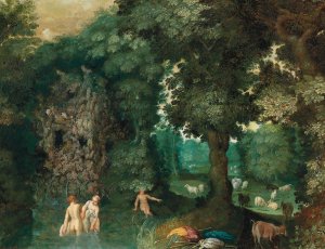Bathing nymphs in a forest by Adriaen Van Stalbemt Oil Painting