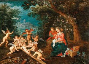 The Holy Family with Angels playing on the Cross by Adriaen Van Stalbemt Oil Painting