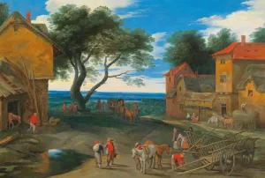 Travellers in a landscape with buildings Oil painting by Adriaen Van Stalbemt
