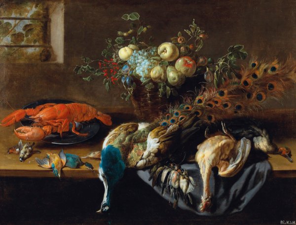 Main Product Photo of A Peacock, Fruit, Boiled Lobster And A Prey Of Birds Painting by Adriaen Van Utrecht