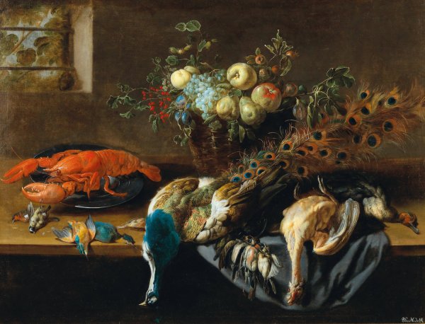 Main Product Photo of A still life with a peacock, fruit, a lobster and bird Painting by Adriaen Van Utrecht