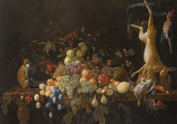 Main Product Photo of A Still Life With Grapes, Figs, Apples, Oranges, Apricots, Lemons, A Melon, Loganberries, An Open Pomegranate And Cherries  Painting by Adriaen Van Utrecht