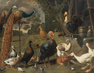 Peacock and peahen on a perch, turkeys, a pheasant and poultry by a well by Adriaen Van Utrecht Oil Painting