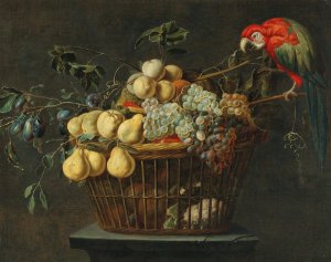 Still life of a basket of fruit with a parrot by Adriaen Van Utrecht Oil Painting