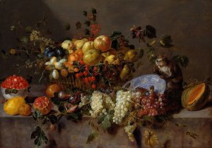 Still Life with Fruit and a Monkey eating Grapes by Adriaen Van Utrecht Oil Painting