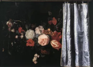 Flower Still-Life with Curtain by Adrian Van Der Spelt - Oil Painting Reproduction