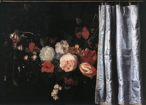 Main Product Photo of Flower Still-Life with Curtain Painting by Adrian Van Der Spelt