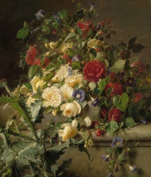 Bloeiende rozen over een oude balustrade by Adriana Johanna Haanen Oil Painting