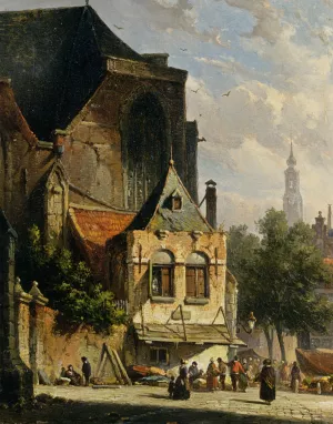 A Busy Market in a Dutch Town Oil painting by Adrianus Eversen