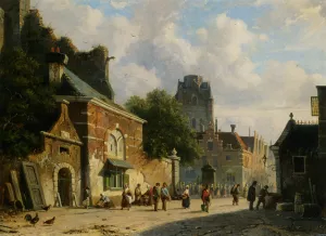 A Busy Street in a Dutch Town Oil painting by Adrianus Eversen