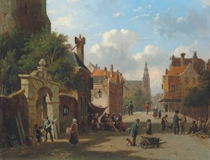 A busy street in Holland by Adrianus Eversen Oil Painting