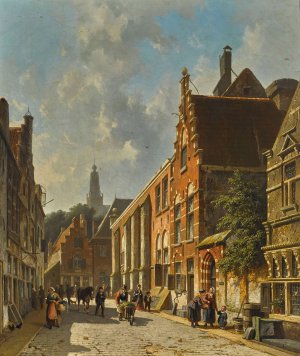 A busy street in summer by Adrianus Eversen Oil Painting