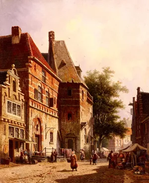 A Sunlit Street on a Market Day by Adrianus Eversen - Oil Painting Reproduction