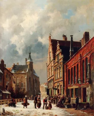 A View In A Town In Winter by Adrianus Eversen Oil Painting
