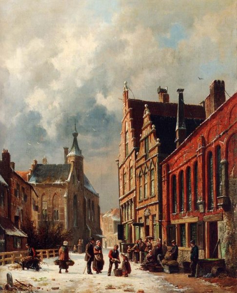A View In A Town In Winter by Adrianus Eversen - Hand-Painted Oil Painting Reproduction