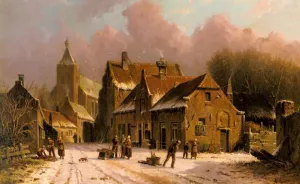 A Village In Winter Oil painting by Adrianus Eversen