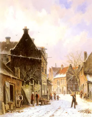 A Village Street Scene in Winter by Adrianus Eversen Oil Painting