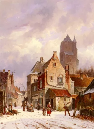 A Winter Street Scene by Adrianus Eversen Oil Painting