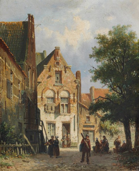 Belebte Strassenszene in einem hollandischen Stadtchen  by Adrianus Eversen - Hand-Painted Oil Painting Reproduction