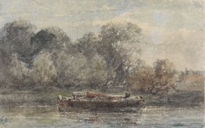 Boot met gestreken mast aan wal liggend by Adrianus Eversen Oil Painting