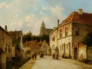 Figures along a Canal in a Dutch town by Adrianus Eversen Oil Painting